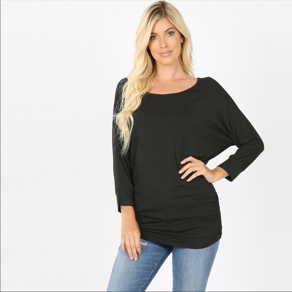 Boat Neck Dolman 3/4 Sleeve with Ruched Side Top.